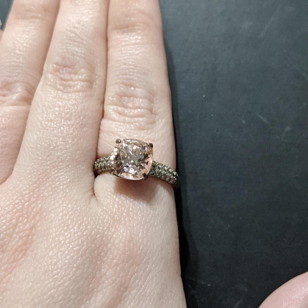 SILVER Tone Champagne Pink and Clear CZ Statement Ring - size 8.75
